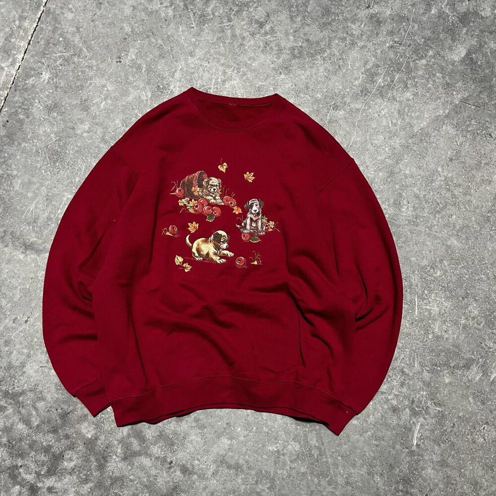 Vintage 80s Puppy Fall Leaves Red Graphic Hunting Sweatshirt Mens Size Large